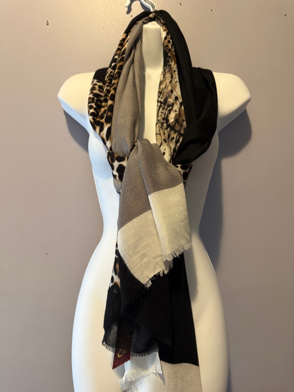 Carlos by Carlos Santana Taupe, Black & Cream Animal Mix Shawl - Picture 7 of 9